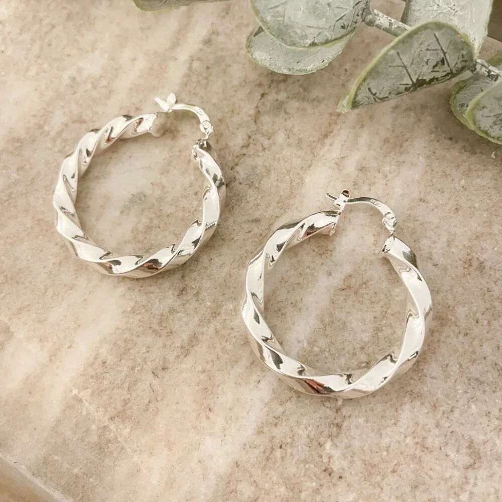 925 Sterling Silver Chunky Hoop Earrings Small Hoops Twist Spiral Hoop Earrings - Picture 4 of 6
